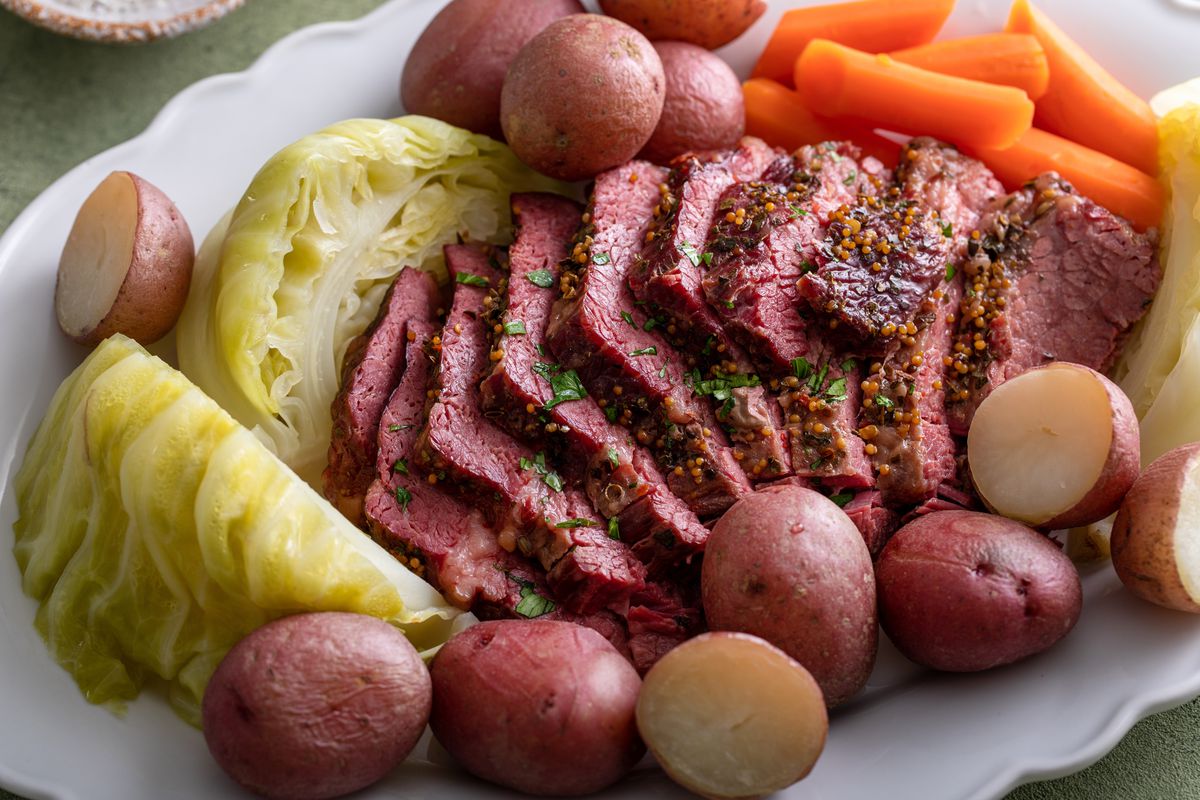 corned beef with cabbage and potato and whole grain mustard