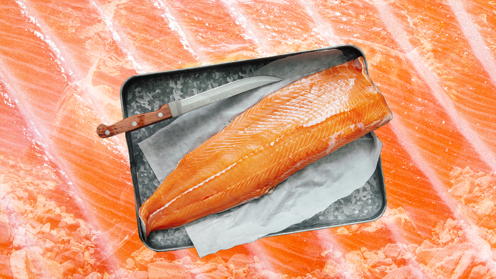 A slab of raw salmon sits on a tray with a knife, against a backdrop of a close-up of raw salmon. Photo illustration.