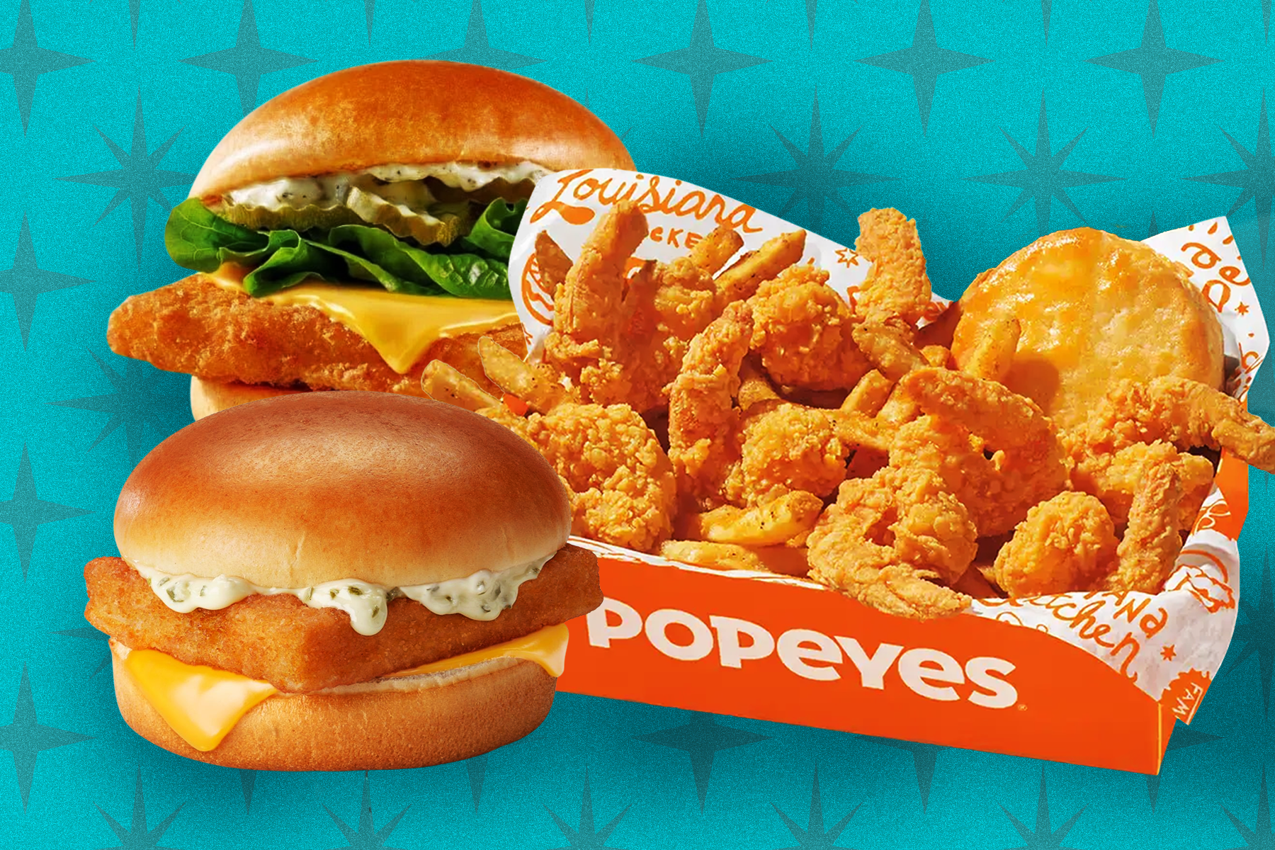 Fast food fried fish sandwiches and a Popeyes seafood basket. 