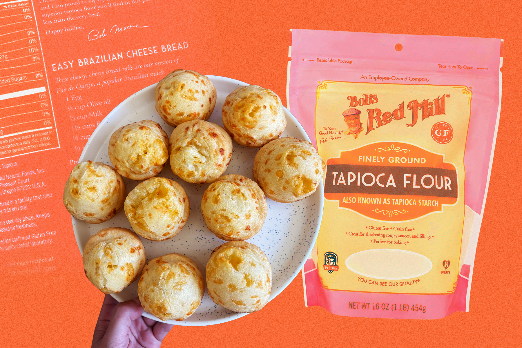 a bag of bob’s red mill tapioca flour next to a pan of brazilian cheese bread rolls. photo illustration.